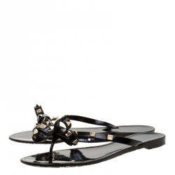 Pre Owned Valentino Black Jelly Rockstud Bow Flat Sandals Size 38