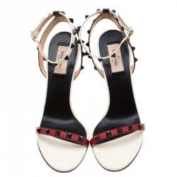 Pre Owned Valentino Tricolor Leather Rockstud Ankle Strap Sandals Size 39