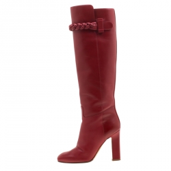 Pre Owned Valentino Red Leather Braided Detail Knee Length Boots Size 37