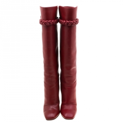 Pre Owned Valentino Red Leather Braided Detail Knee Length Boots Size 37