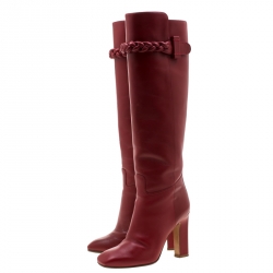 Pre Owned Valentino Red Leather Braided Detail Knee Length Boots Size 37