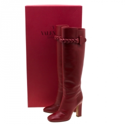 Pre Owned Valentino Red Leather Braided Detail Knee Length Boots Size 37
