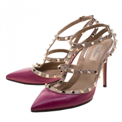 Pre Owned Valentino Burgundy Leather Rockstud Sandals Size 41