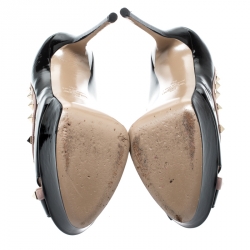 Pre Owned Valentino Black Patent Leather Rockstud Crisscross Peep Toe Platform Pumps Size 39