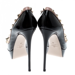 Pre Owned Valentino Black Patent Leather Rockstud Crisscross Peep Toe Platform Pumps Size 39