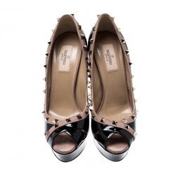 Pre Owned Valentino Black Patent Leather Rockstud Crisscross Peep Toe Platform Pumps Size 39