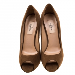 Pre Owned Valentino Brown Suede Peep Toe Pumps Size 36.5