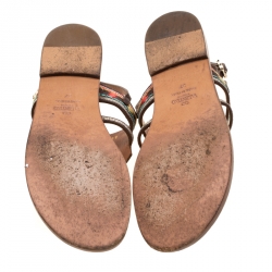 Pre Owned Valentino Brown Embroidered Leather Flat Sandals Size 37