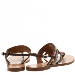 Pre Owned Valentino Brown Embroidered Leather Flat Sandals Size 37