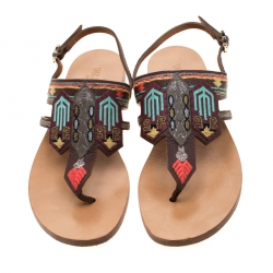 Pre Owned Valentino Brown Embroidered Leather Flat Sandals Size 37