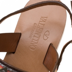 Pre Owned Valentino Brown Embroidered Leather Flat Sandals Size 37