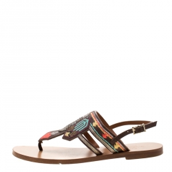 Pre Owned Valentino Brown Embroidered Leather Flat Sandals Size 37