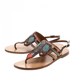 Pre Owned Valentino Brown Embroidered Leather Flat Sandals Size 37