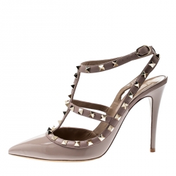 Pre Owned Valentino Beige Patent Leather Rockstud Ankle Strap Sandals Size 40.5