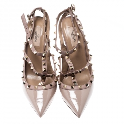 Pre Owned Valentino Beige Patent Leather Rockstud Ankle Strap Sandals Size 40.5