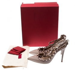 Pre Owned Valentino Beige Patent Leather Rockstud Ankle Strap Sandals Size 40.5