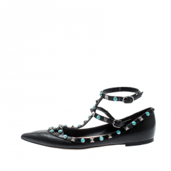 Pre Owned Valentino Black Leather Rockstud Rolling Ankle Strap Ballet flats Size 38