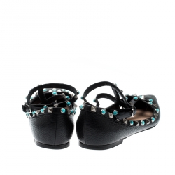 Pre Owned Valentino Black Leather Rockstud Rolling Ankle Strap Ballet flats Size 38