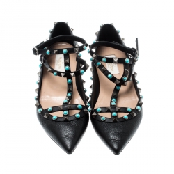 Pre Owned Valentino Black Leather Rockstud Rolling Ankle Strap Ballet flats Size 38