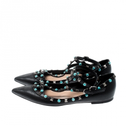 Pre Owned Valentino Black Leather Rockstud Rolling Ankle Strap Ballet flats Size 38