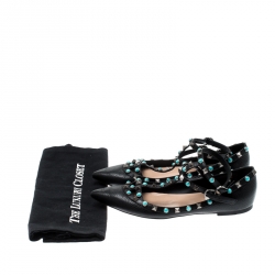 Pre Owned Valentino Black Leather Rockstud Rolling Ankle Strap Ballet flats Size 38