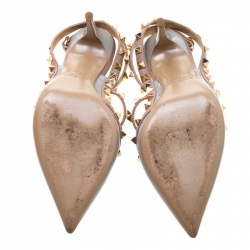 Pre Owned Valentino Grey/Beige Leather Rockstud Cage Sandals Size 36.5