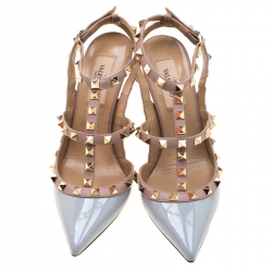 Pre Owned Valentino Grey/Beige Leather Rockstud Cage Sandals Size 36.5