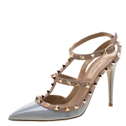 Pre Owned Valentino Grey/Beige Leather Rockstud Cage Sandals Size 36.5