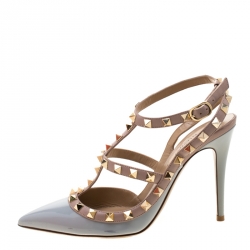 Pre Owned Valentino Grey/Beige Leather Rockstud Cage Sandals Size 36.5
