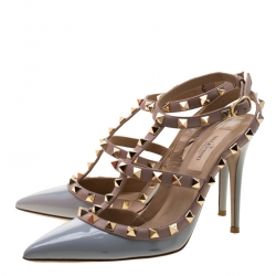 Pre Owned Valentino Grey/Beige Leather Rockstud Cage Sandals Size 36.5