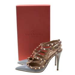 Pre Owned Valentino Grey/Beige Leather Rockstud Cage Sandals Size 36.5