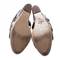 Pre Owned Valentino Metallic Grey Leather Cross Strap Wedge Sandals Size 39.5