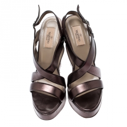 Pre Owned Valentino Metallic Grey Leather Cross Strap Wedge Sandals Size 39.5