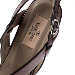 Pre Owned Valentino Metallic Grey Leather Cross Strap Wedge Sandals Size 39.5