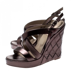 Pre Owned Valentino Metallic Grey Leather Cross Strap Wedge Sandals Size 39.5