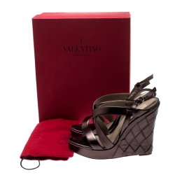 Pre Owned Valentino Metallic Grey Leather Cross Strap Wedge Sandals Size 39.5