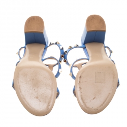 Pre Owned Valentino Blue Leather Rockstud Block Heel Cage Sandals Size 38
