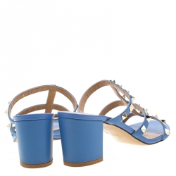 Pre Owned Valentino Blue Leather Rockstud Block Heel Cage Sandals Size 38