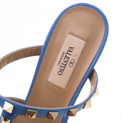 Pre Owned Valentino Blue Leather Rockstud Block Heel Cage Sandals Size 38