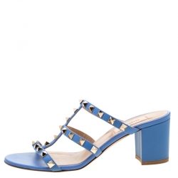 Pre Owned Valentino Blue Leather Rockstud Block Heel Cage Sandals Size 38
