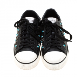Pre Owned Valentino Black Leather Star Studded Low Top Sneakers 35