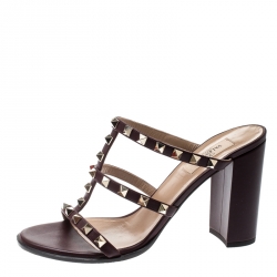 Pre Owned Valentino Purple Wine Leather Rockstud Block Heel Sandals Size 39.5