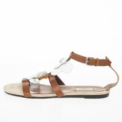 مملوكة مسبقًا Valentino Brown Leather Flower And Leaf Sandals Size 39.5