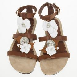 مملوكة مسبقًا Valentino Brown Leather Flower And Leaf Sandals Size 39.5