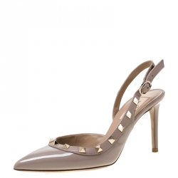 Pre Owned Valentino Beige Patent Leather Studded Pointed Toe Slingback Sandals Size 36.5