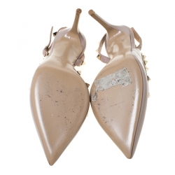 Pre Owned Valentino Beige Patent Leather Studded Pointed Toe Slingback Sandals Size 36.5