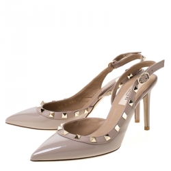 Pre Owned Valentino Beige Patent Leather Studded Pointed Toe Slingback Sandals Size 36.5