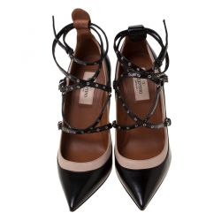 Pre Owned Valentino Black/Beige Leather Grommet Studded Pointed Toe Pumps Size 36.5