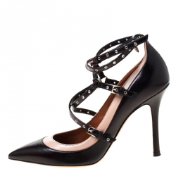 Pre Owned Valentino Black/Beige Leather Grommet Studded Pointed Toe Pumps Size 36.5