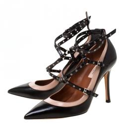 Pre Owned Valentino Black/Beige Leather Grommet Studded Pointed Toe Pumps Size 36.5